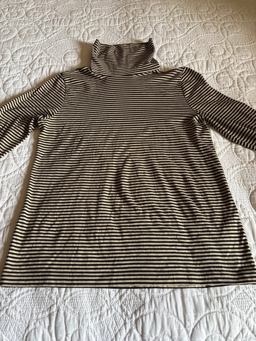 J. Crew Black and Cream Striped Lightweight Turtleneck, Size M